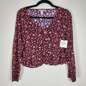 Arizona Jean Co. Womens Floral Button-Down Long Sleeve Top XS Rayon Purple & Win